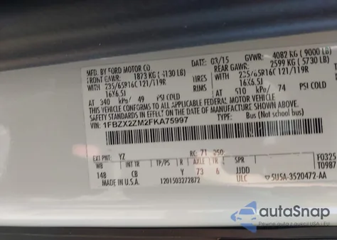 2015 Ford Transit-350 Xlt z USA, uszkodzony, nr VIN 1FBZX2ZM2FKA75997